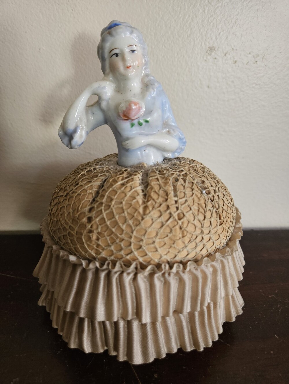 Antique Porcelain Half Doll Pincushion Arms Away Blue Hair German Japan 1920s.